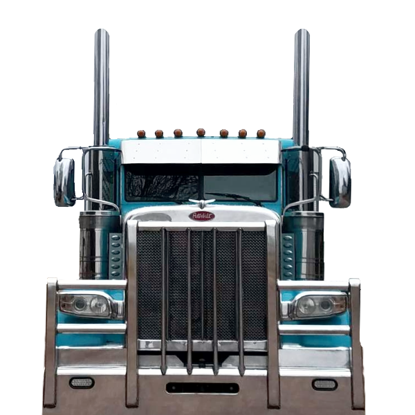 Front view of a classic Peterbilt semi-truck with a chrome grille and large exhaust stacks, isolated on a transparent background.